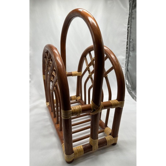 Rattan Magazine Rack‎ Bamboo Wood Book Holder Boho Decor Vintage Mid Century - Picture 4 of 8